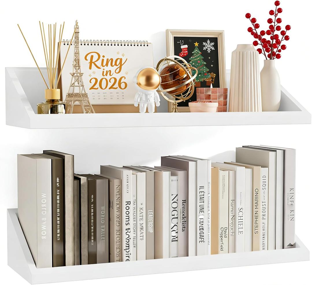 SRIWATANA Floating Shelves Large Set of 2, 24 Inch Wide Wall Shelves Wood Shelves Wall Mounted for Decor in Bedroom, Living Room, Bathroom, Kitchen, and Office (White)