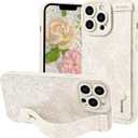NITITOP Compatible with iPhone 13 Pro Max Case Cute Rose Floral Flower for Women Girls with Wrist Adjustable Hand Strap Kickstand Grip Holder Soft TPU Slim Protection Phone Cover - White