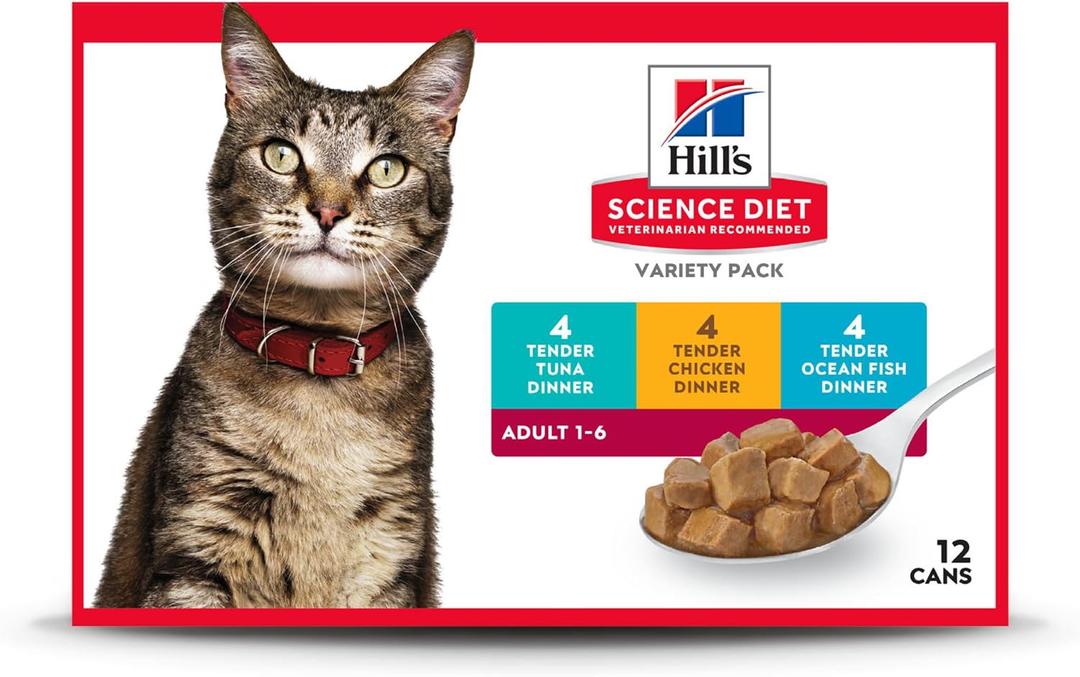 Hill's Science Diet Adult 1-6 Wet Cat Food Variety Pack, Chicken, Tuna, & Ocean Fish, 5.5 oz. Cans, 12-Pack (EXP 02/29/28)