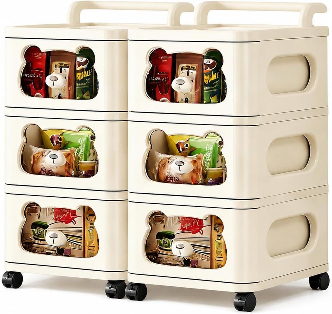Plastic Storage Drawers with Wheels, 6-Drawer Organizer, Beige