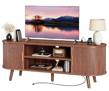 PRAISUN 54 Inch Fluted TV Stand for TVs up to 55 Inch, TV Media Console with Power Outlets and USB-C Port, Entertainment Center with Storage, Curved Sliding Doors, Adjustable Shelf, Brown