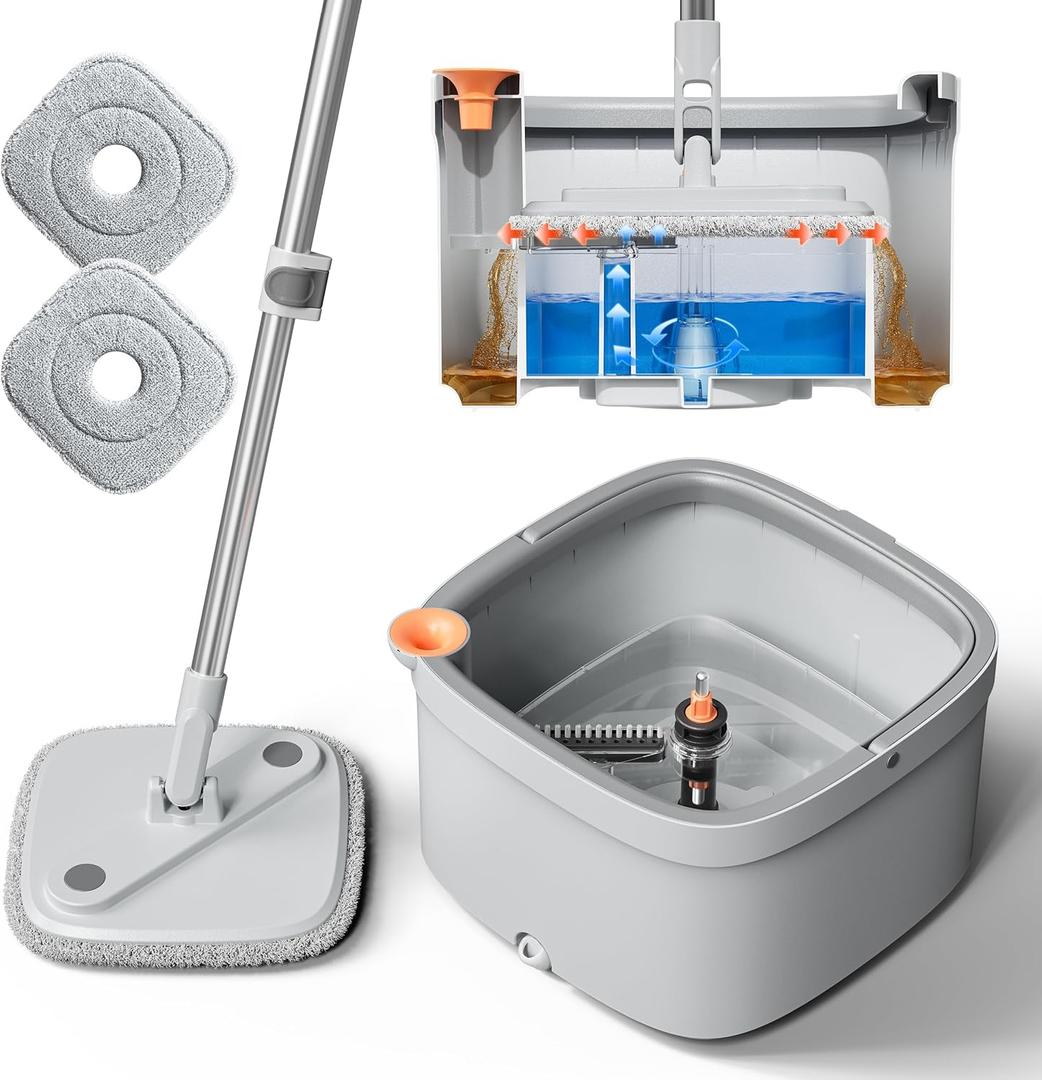 KZKR Spin Mop and Bucket Set with Self Separation Dirty and Clean Water System, Self Wringing 360 Rotating Square Mop Head for Home Floors Cleaning (1.0 Mop and Bucket Set (2 Pads))