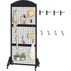 CHOEZON Grid Wall Panel 5.7’ x 2’ FT Grid Display Rack, Movable Gridwall Display Stand with Wheels, Sturdy Floorstanding Wire Grid Rack with 4 S-Shaped Hooks and 4 Garment Hooks, Black TCJ17BB