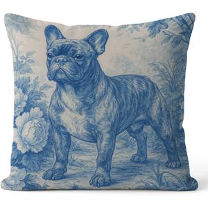 Blue Chinoiserie French Bulldog Pillow Covers 18x18, Frenchie Gifts for Women, French Country Toile de Jouy Frenchie Dog Decorative Throw Pillow Covers for Home Living Room Bedroom (Color-13)