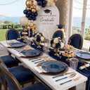 KIRE 140Pcs Blue Plastic Plates with Gold Rim - Gold Disposable Plastic Silverware with Blue Handle&Clear Cups&Hand Napkin - Geometric Party Plates for Memorial Day/Party/Graduation