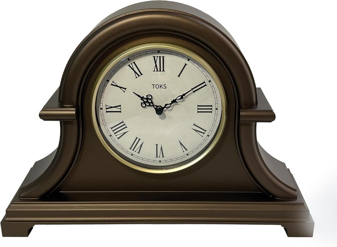 Lily's Home Non Ticking Mantel Clock - 13 x 10 Plastic Napoleon Desk and Shelf Clock with Quartz Movement, Ideal for Living Room, Retro Kitchen, Farmhouse Decor, Fireplace Mantle (Brown)