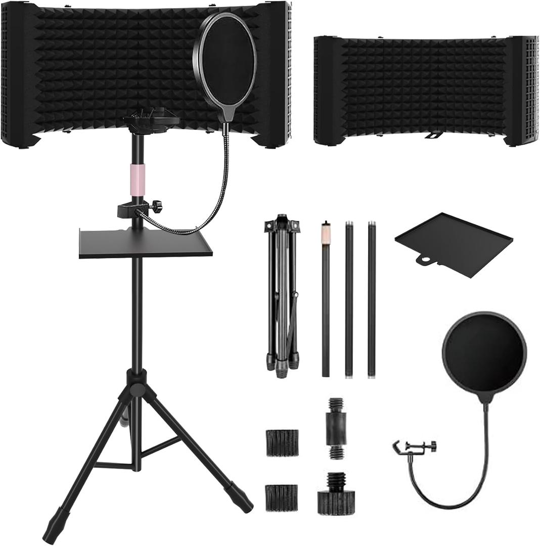 6-Panel Microphone Isolation Shield with Adjustable Stand Foldable Soundproof Vocal Booth for Recording,Podcasting, Streaming, Singing, YouTube Videos