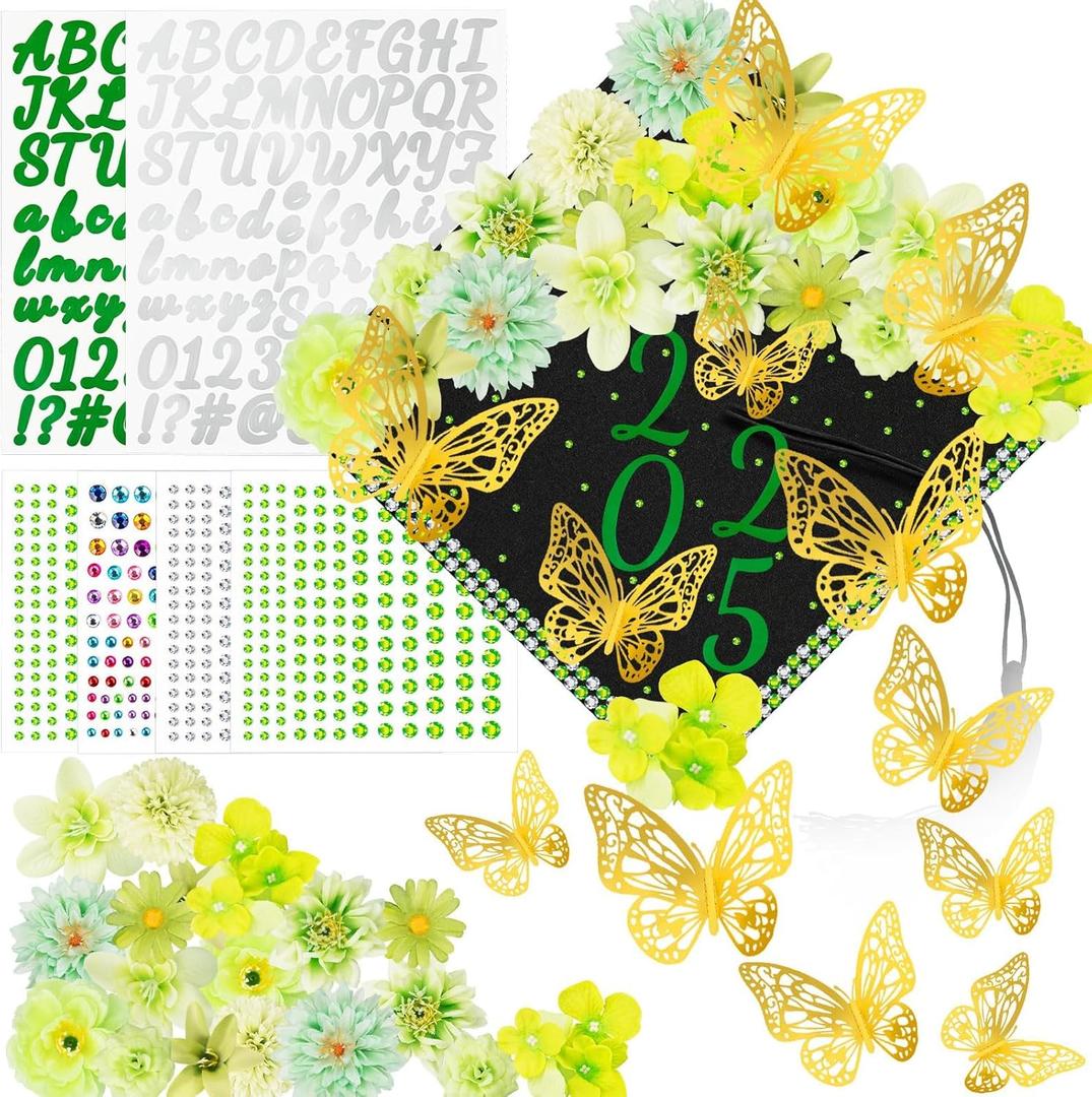 Graduation Cap Decorations Kits Faux Flower 3D Butterfly Rhinestones Glitter Alphabet Letter Sticker Green Flower DIY Graduation Cap Decorations for Grad Cap Topper Graduation Party DIY Crafts