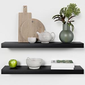 Homeforia Black Floating Shelves 30 inches Long, High End Solid Real Wood 30 inch Floating Shelf for Wall Mounted, Black Wooden 30in Floating Shelves, Heavy Duty Bracket, 30 X 6.5 X 1.75 in, Set of 2 (Modern Black - Rich Neutral Satin)
