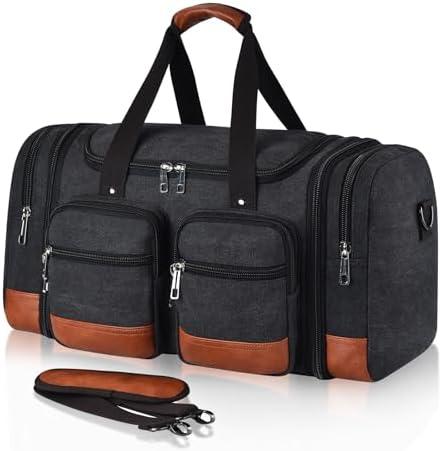 Voylic Canvas Duffle Bag For Travel, 50L Expandable Carry on Overnight Travel Duffel Bags with Laptop Compartments Weekend Gym Bag for Men(Black)