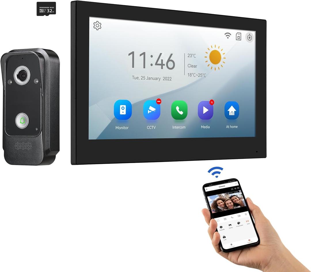 Wifi Wired Video Doorbell System (Wiring Required), 10 Inch High-Definition Monitor +Ring Camera, Support Two-Way Intercom Tuya APP Remote Control & 1080P IR Night Vision for Villa Home Apartment