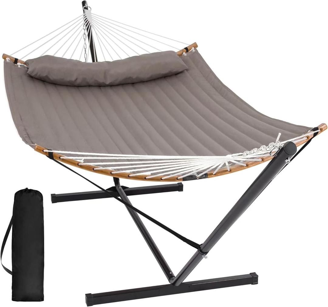 SUNCREAT Hammocks Portable Hammock with Frame, Backyard Double Hammock with Curved Spreader Bar, Brown, 147.6"L x 55"W