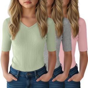 3 Pack Girls T Shirts 5-14 Years Tween Summer V Neck Cute Fitted Tops Fashion Trendy Basic Tees for Kids