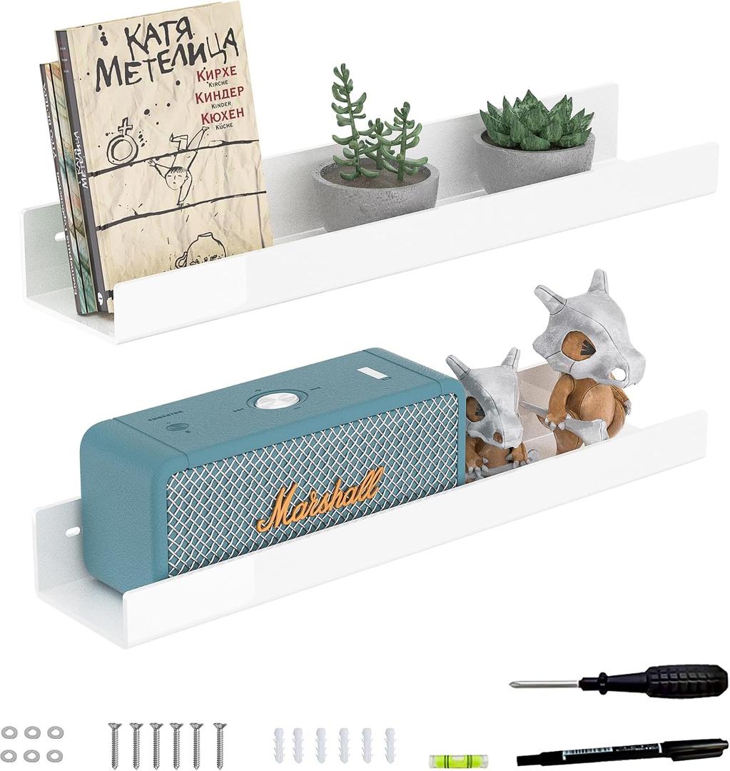 18 Inches White Acrylic Wall Display Shelf 2 Pack, Wall Shelves Organizer for Books, Bottles, Small Plants, Picture Frames, Spice, Wine, Décor, Figures