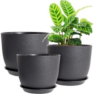 Modern Plant Pots Set, 9/8/7.5 inch Plastic Planters for Indoor Plants, Stylish Flower Pots with Drainage Holes and Saucers for House Plants and Flowers, Black