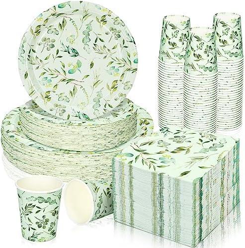 Dandat 250 Pcs Sage Green Party Plates and Cups Sets Disposable Paper Plates Cups Napkins Party Supplies Eucalyptus Dinnerware for Boho Bridal Shower Baby Shower Wedding Birthday Garden, Serves 50
