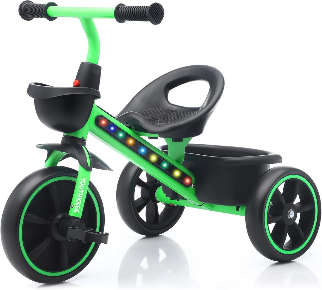 Kids Tricycle with Colorful LED Lights for Toddlers 1-3 Years, Stable 3-Wheel Design & Storage Basket for Fun Indoor Outdoor Ride, Gift for Baby Boy Girl