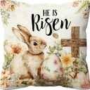 kdqua Vintage Easter Bunny Christian Pillow Cover 18x18, He is Risen Bible Verse Decorations Throw Pillow Cover, Rustic Cottagecore Easter Bunny Egg Cross Pillowcase Covers for Sofa Home Decor