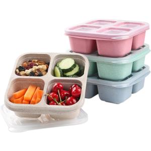 4 Pack Snack Containers, 4 Compartments Bento Snack Box, Reusable Meal Prep Lunch Containers for Kids Adults, Divided Food Storage Containers for School Work Travel (4 Compartments Snack Containers)