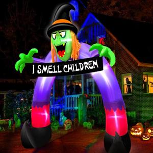 TURNMEON 8Ft Halloween Inflatables Outdoor Decorations Scary Witch Holds Banner Archway Inflatable Halloween Blow Up Build-in LED Lights Halloween Decor Yard Garden Arch Lawn Party Home Outside