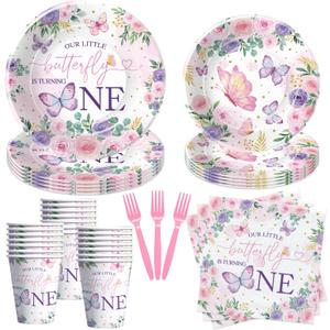 Butterfly First Birthday Plates And Napkins Party Supplies - Girl's 1st Birthday Decorations, Plate, Cup, Napkin, Fork for One-Year-Old Party Tableware | Serves 24