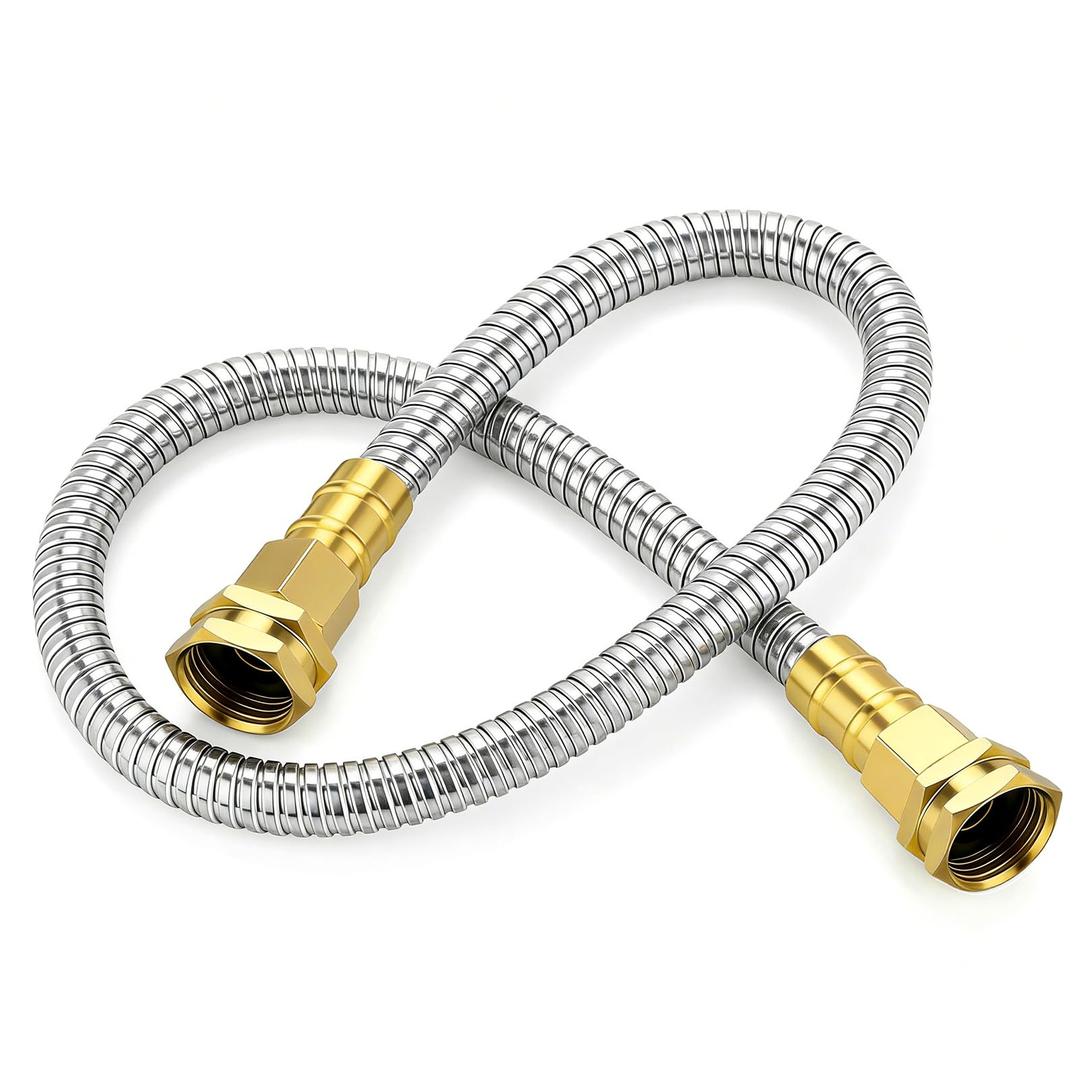 Short Stainless Steel Metal Garden Hose 3 ft, 3/4" Female to Female Solid Brass Connector, Small Leader Hose for Hose Reel, Durable, Flexible, Lightweight, Outdoor Water Hose Extension Adapter