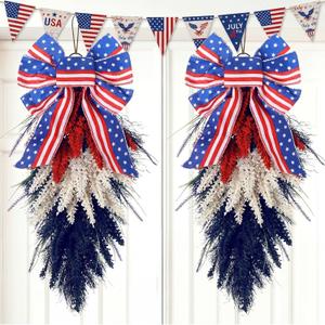 Dingion 2 Pack 20 Inch Patriotic Wreath for Front Door 4th of July Red White and Blue Wreath with American Flag Bow Memorial Day Teardrop Swag Decor for Porch Wall Independence Veterans Day