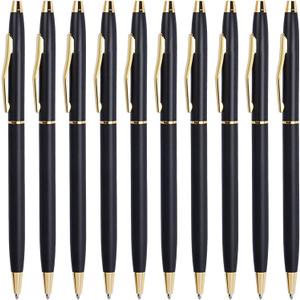 Cambond Slim Ballpoint Pens Bulk - Black Ink 1.0mm Medium Point Retractable Metal Pen for Police Uniform, Flight Attendant & Office, 10 Pack (Black Barrel)