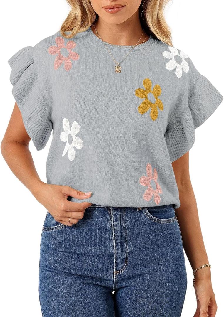 Saodimallsu Womens Summer Ruffle Short Sleeve Sweater Tops Cute Floral Knit Creweck Casual Lightweight Sweaters (Gray, S)