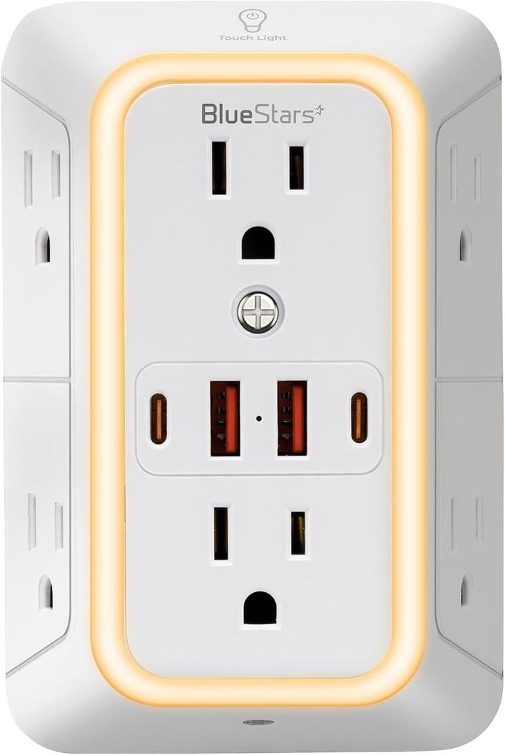 Wall Mount Power Strips Wall Charger 6 Outlet Extender 4 USB Ports (5V, 2.4A, 12W) and Night Light 3-Sided Power Strip with Adapter Spaced Outlets - Multi Plug Outlet Surge Protector for Home Office