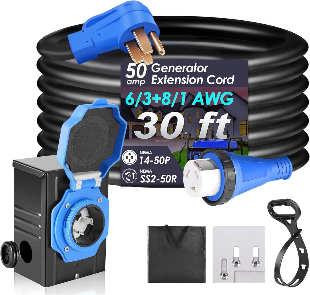 Seeutek 50 Amp Generator Cord, 4 Prong 30 FT Generator Extension Cord with Pre-drilled Power Inlet Box & Interlock Kit, NEMA 14-50P/SS2-50P Functional Cable, High Conductivity, ETL Listed, 
Black+Blue 50amp