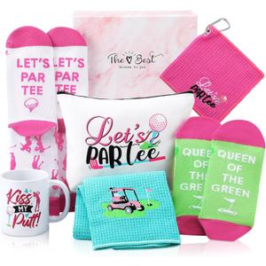 Geyoga 7 Packs Golf Gift for Women Embroidered Golf Towels with Makeup Bag Mug Socks Ankle Tab Socks Accessories with Box Gifts for Women Birthday
