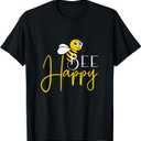 Bee Happy T-Shirt Black Small Crew Neck Comfort