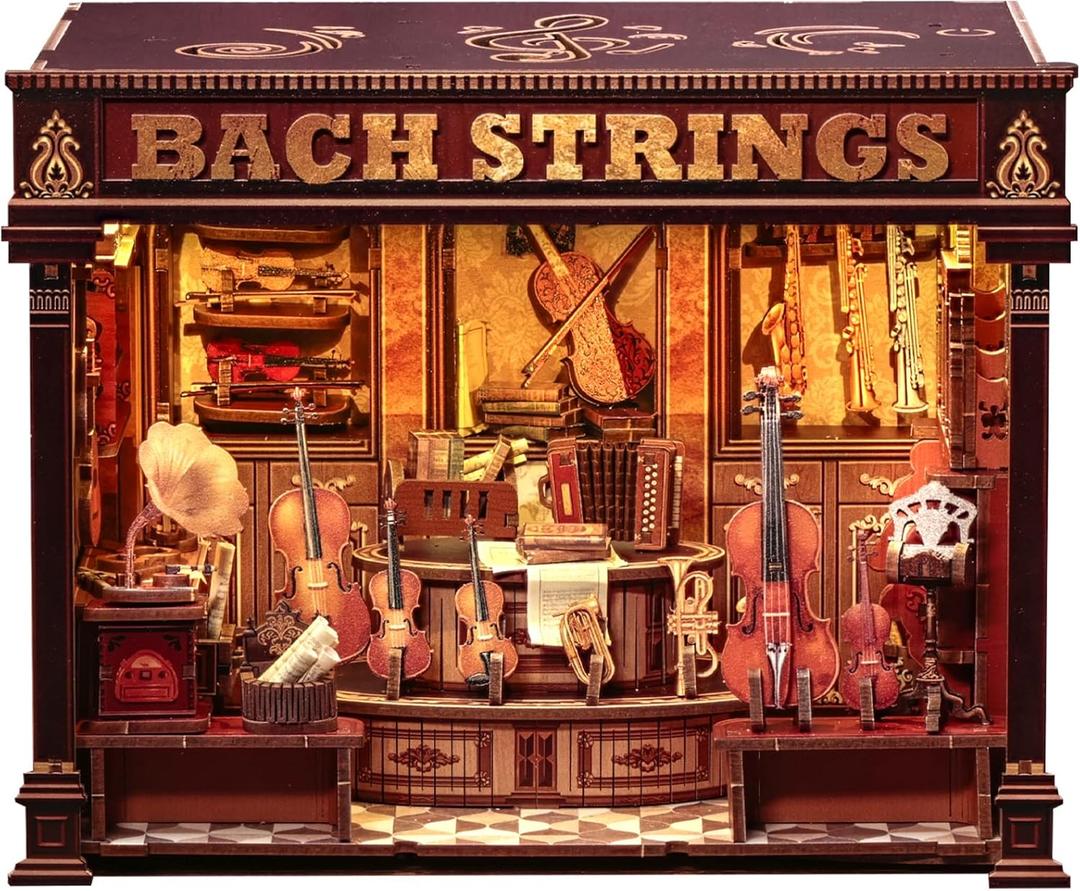 CUTEFUN Book Nook Kit - 3D Puzzle Musical Instrument Store Bookend Bookshelf Decor for Adults, Tiny House Miniature Model Building Kits, DIY Crafts Gifts for Teens & Book Lovers (Bach Strings)