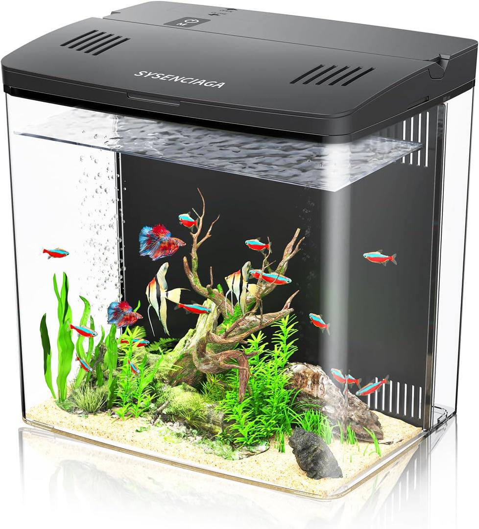 Desktop Fish Tank, 1.2 Gallon Self-Cleaning Smart Aquarium with Filter & 5-Color LED Light, Auto-Cycling Quiet Pump for Betta, Shrimp, Guppy, Goldfish