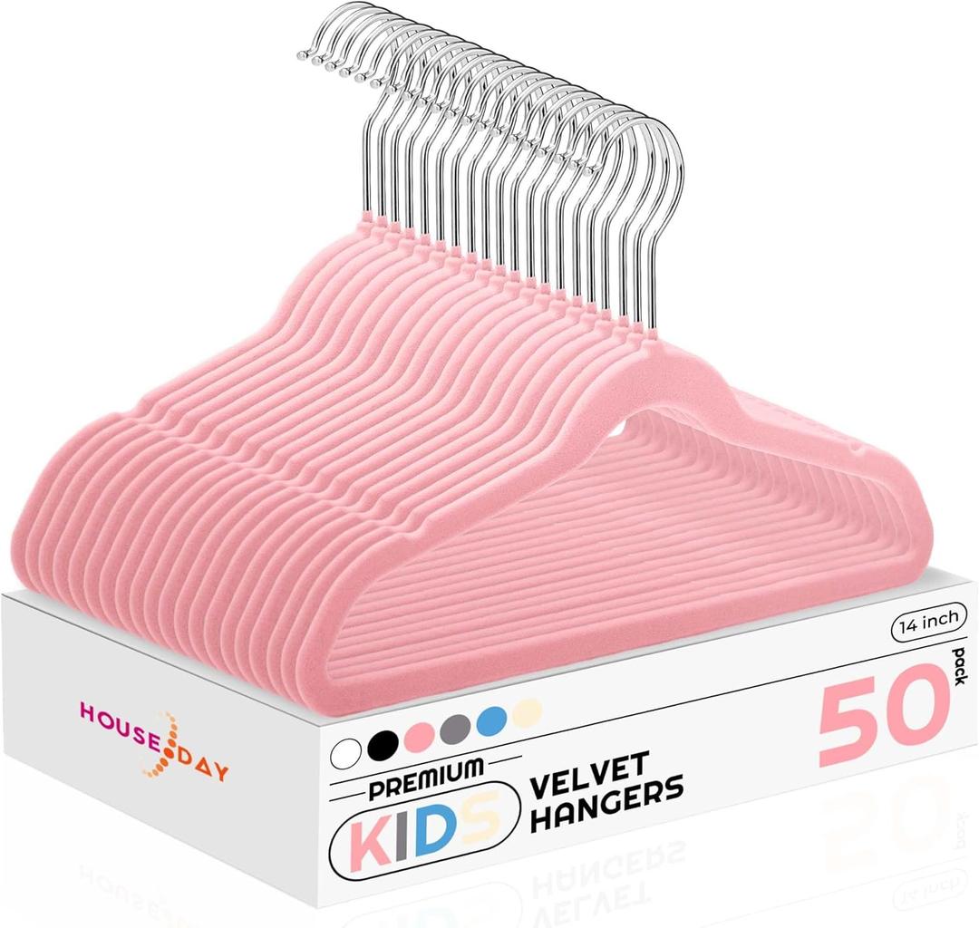 HOUSE DAY 14 Inch Kids Velvet Hangers 50 Pack, Durable Big Kids Hangers, Non Slip Kid Felt Hanger for Youth, Cute Childrens Hanger for Closet, Pink