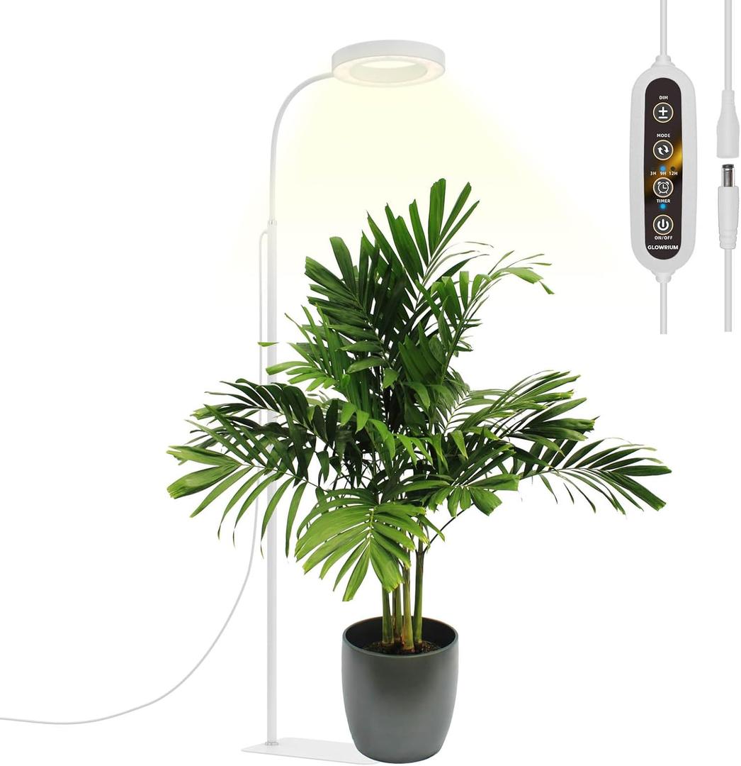 GLOWRIUM Grow Lights for Indoor Plants, Full Spectrum LED Grow Light Floor Lamp with Stand Adjustable Height and Angle, Black Plant Light with 3/9/12H Grow Light Timer (White, 6W