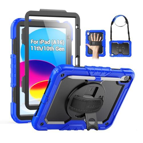 SEYMAC Case for iPad (A16) 11th/10th Generation 2025/2022 (11″/10.9″), Sturdy Heavy Duty Full-Body Shockproof Protective Case with Screen Protector, Rotating Stand, Hand/Shoulder Strap, Black/Blue