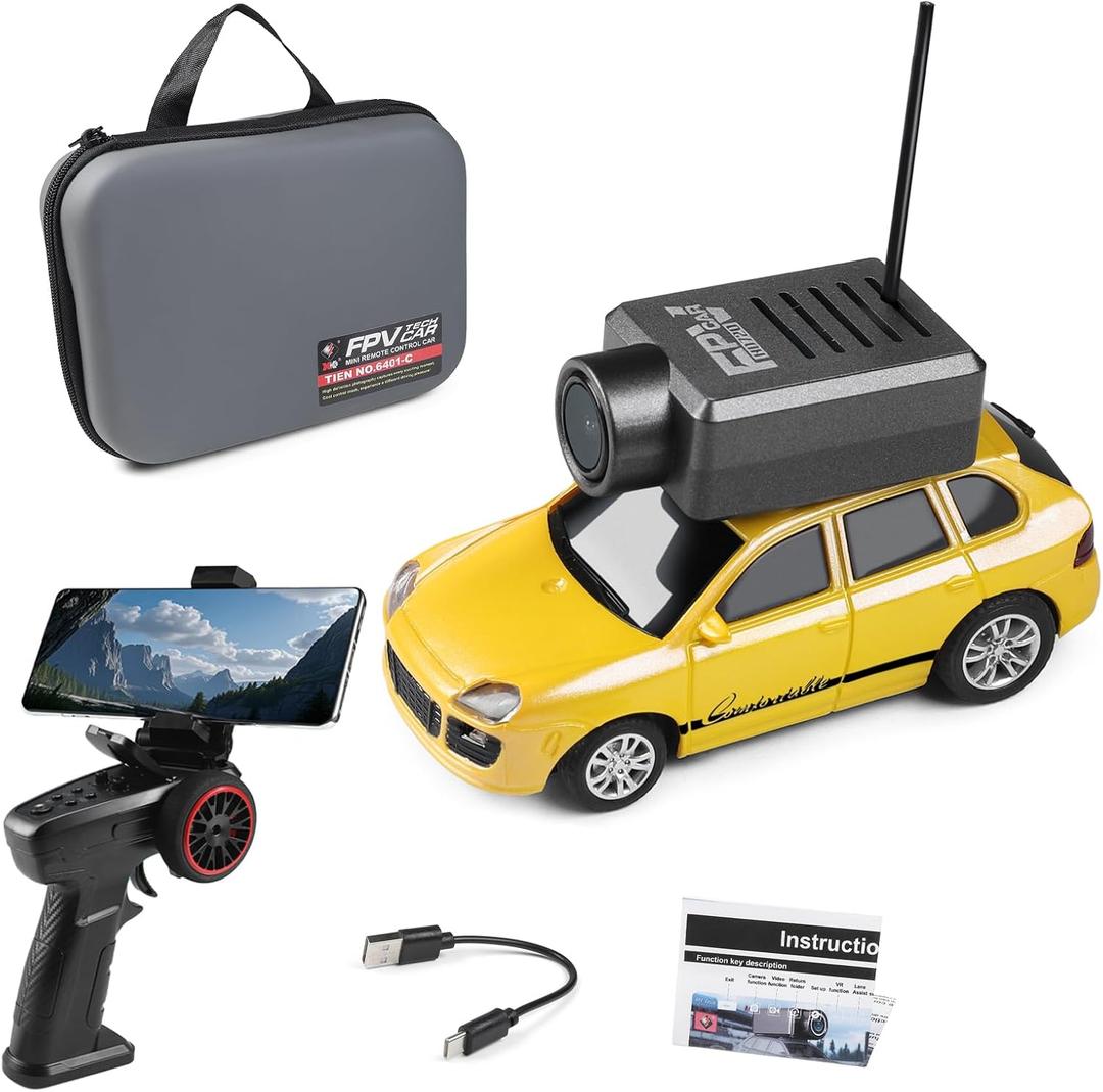 Mini RC Drift Car, 1:64 Scale Mini RC Car with Camera and Radio Transmitter, 2.4GHz Transmitter and APP Controlled Toy Vehicle with HD Magnetic Camera, LED Lights, Fun Toy for (Yellow)