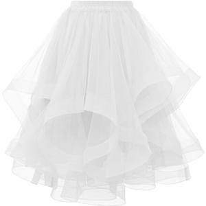 DRESSTELLS Tulle Skirts for Women, A Line Elastic Waist Tiered Layered Puffy Midi Long Halloween Party Tutu Skirt (White)