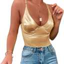 Velius Women's Sexy Metallic Shiny Bodysuit Tank Tops for Night Club Going Out (Large, Gold)