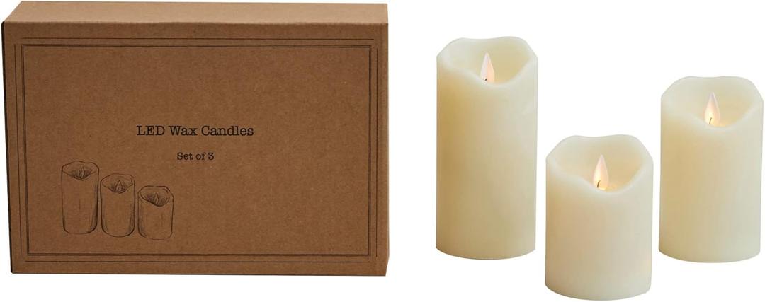 Creative Co-Op 3' Round LED Wax Pillar Candles - Set of 3 Sizes (3' H, 5' H, 4' H), 6 Hour Timers & Remote (Requires AAA Batteries)