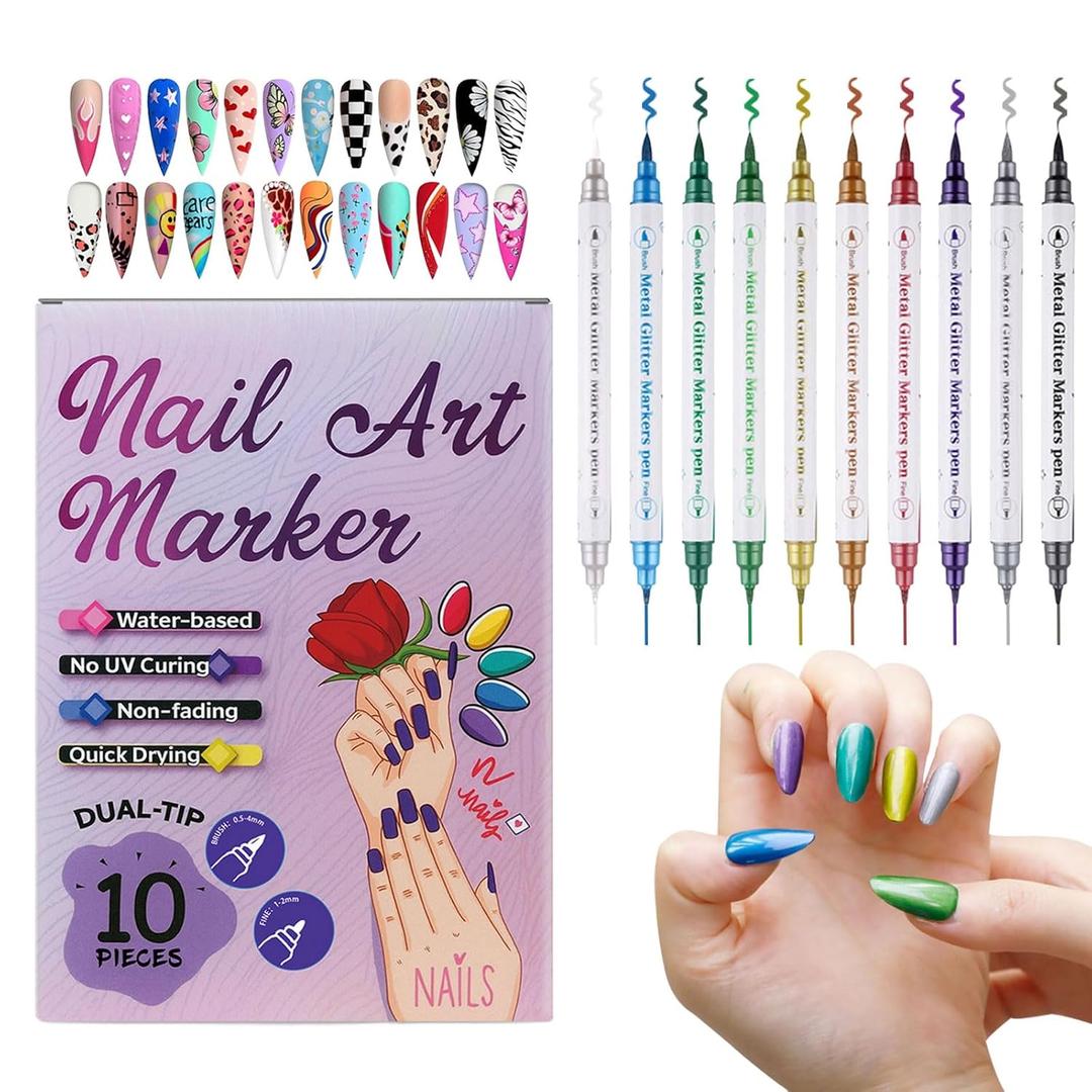 10-Color Metallic Glitter 3D Nail Art Pen Set, Double-Ended Dotting & Coloring Pens, Soft + Hard Tips, DIY Nail Art Creative Graffiti Tool