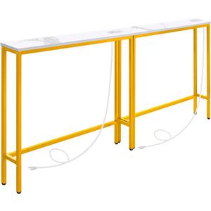 ELYKEN 2 Pack 5.9" Narrow Console Sofa Table with Power Outlets and USB Port, 5.9" Dx39.4 Wx31.1 H Marble Texture Skinny Couch Table with Golden Metal Frame (5.9"D x 78.8"W x 31.1"H, White and Yellow)