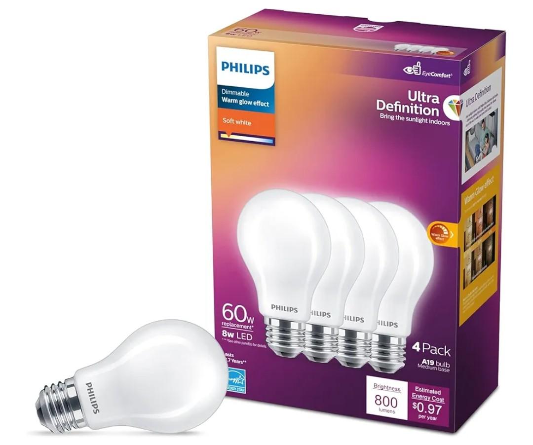 PHILIPS LED 60W A19 4-Pack Ultra Definition Soft White LED Light Bulbs (2700K) 800 Lumen (8W = 60W) Dimmable Clear Flicker-Free Light Bulbs