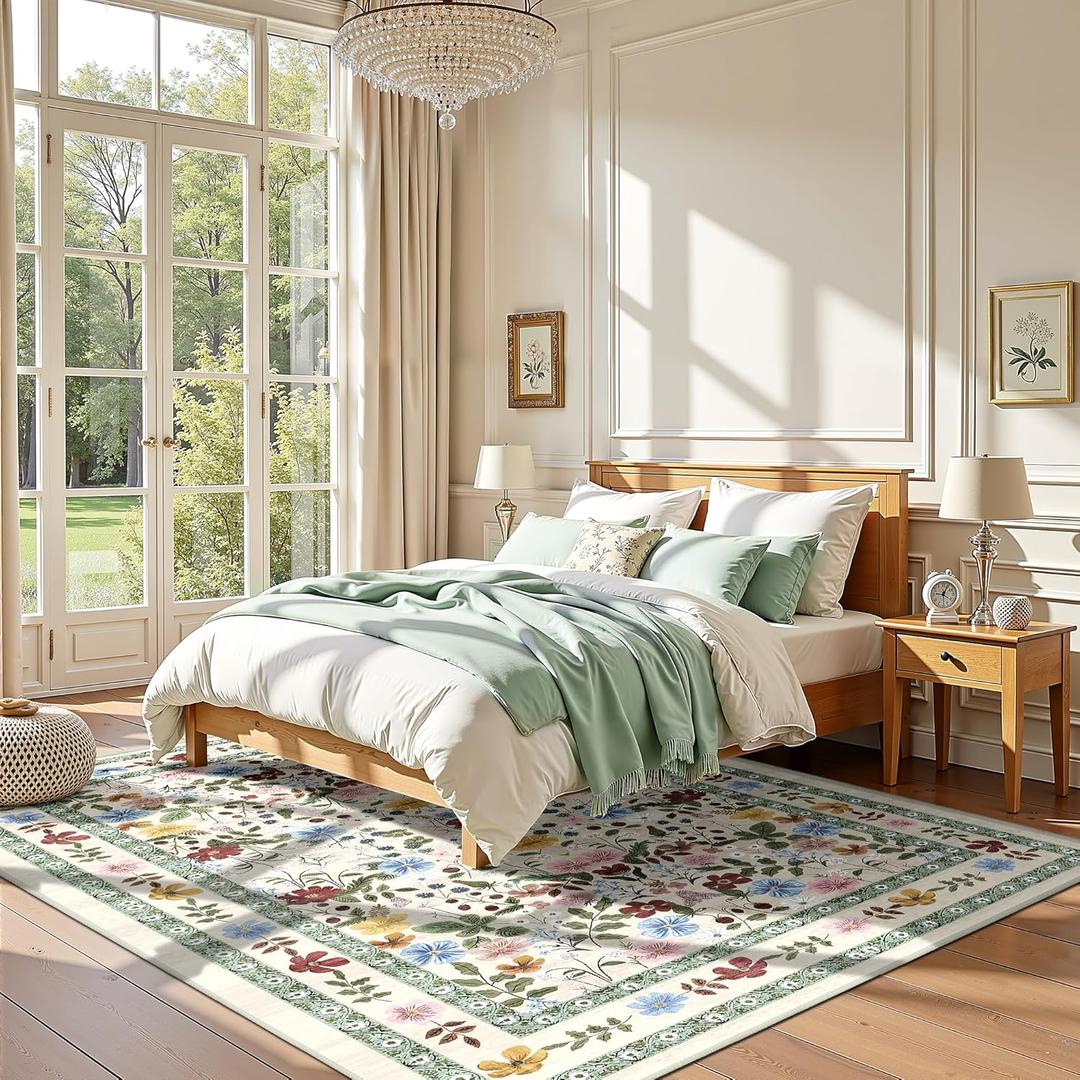 Deerly Floral Area Rugs 5x7 Vintage Boho Washable Non-Slip Living Room Carpet Soft Low Pile Colorful Thin Bedroom Floor Mat Indoor for Dining Room Playroom Nursery Farmhouse, Beige/Green/Multi