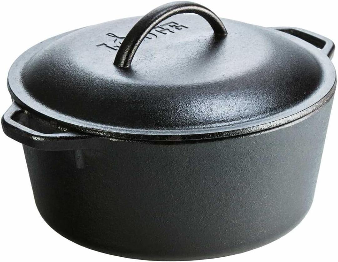 Lodge Cast Iron Dutch Oven 5 Quart - Loop Handle Cooking Vessel - Even Heat Retention - Oven-Safe, Versatile Pot