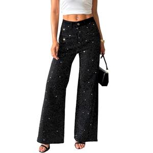 heipeiwa Women's Rhinestone Jeans Wide Leg Flare Denim Pants High Waist Sparkle Shiny Sequin Glitter Trouser Black