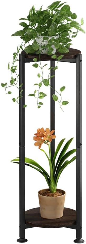 Plant Stand Indoor Outdoor 2 Tier Tall Metal Corner Storage Tiered Plant Shelf Holder Multiple for Living Room Balcony Garden,Black (2 Tier-Black Oak Round)