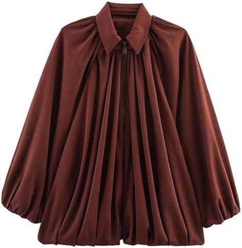 WOWULOVELY Women's Puffed Bomber Jacket Oversized Lapel Collar Streetwear Coat Long Casual Batwing Sleeve Zip Pleated Shirts. Size L.